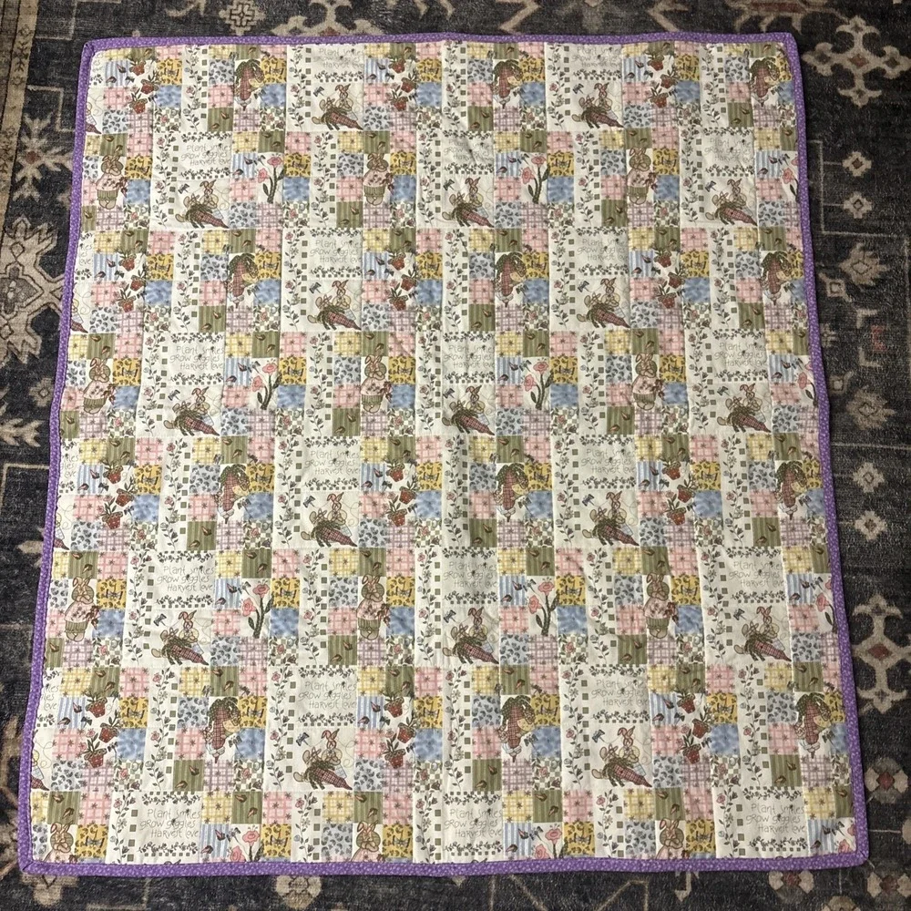 GARDEN BUNNY Patchwork Baby Girl Quilt Blanket Handmade 40